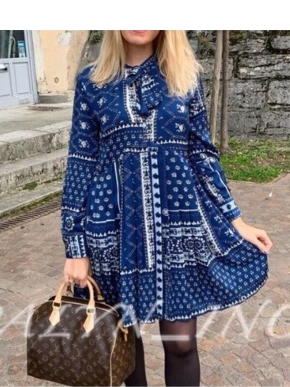 Zara Blue Paisley-Print Long-Sleeve Shirt Dress